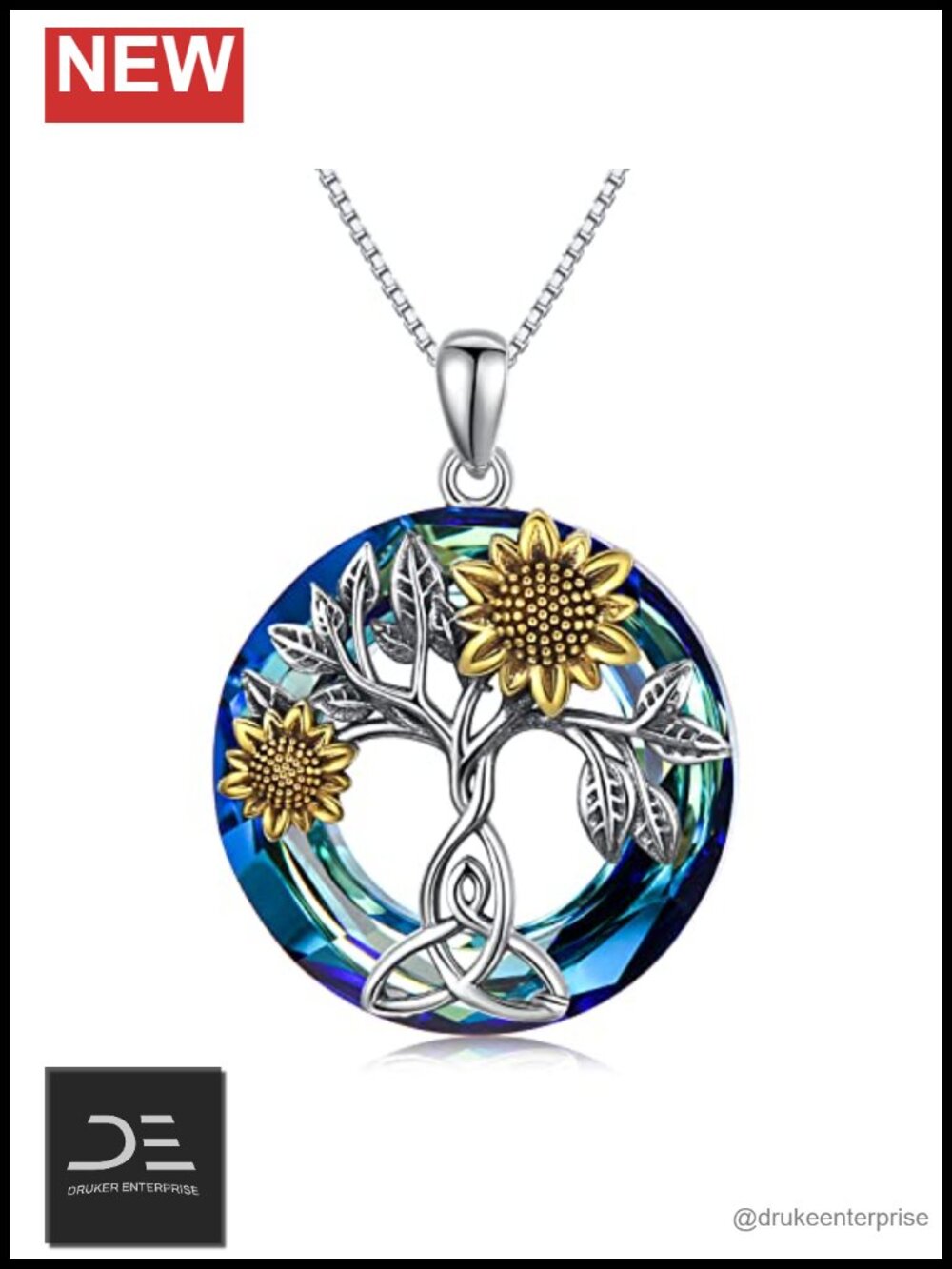 925 Sterling Silver Sunflower Necklace Celtic Knot Pendant Crystal Jewelry for